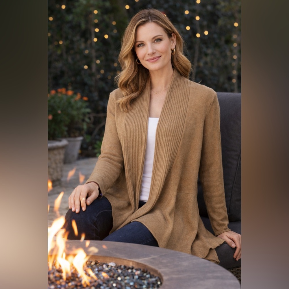 Coldwater Creek Cardigan Topper Brown Camel M Medium Long Sleeve Open Washable